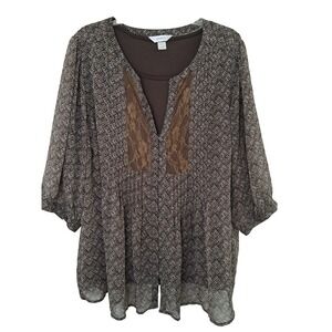 CJ Banks 3X Layered Tank Blouse Set Lace‎ Trim Pleats Puff Sleeve Pullover